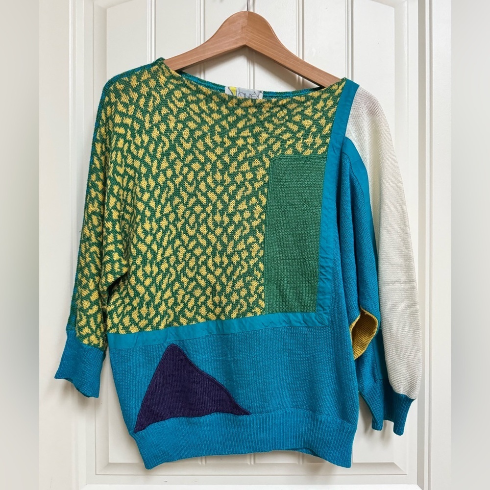 Vintage Laurel Abstract Blue, Green & Yellow Boat Neck Dolman Sleeve Sweater. M